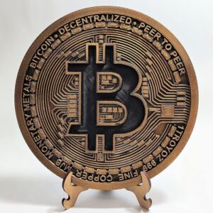 Moeda Bitcoin 3D Fisica Dourada 20 Cm Parede Com Suporte